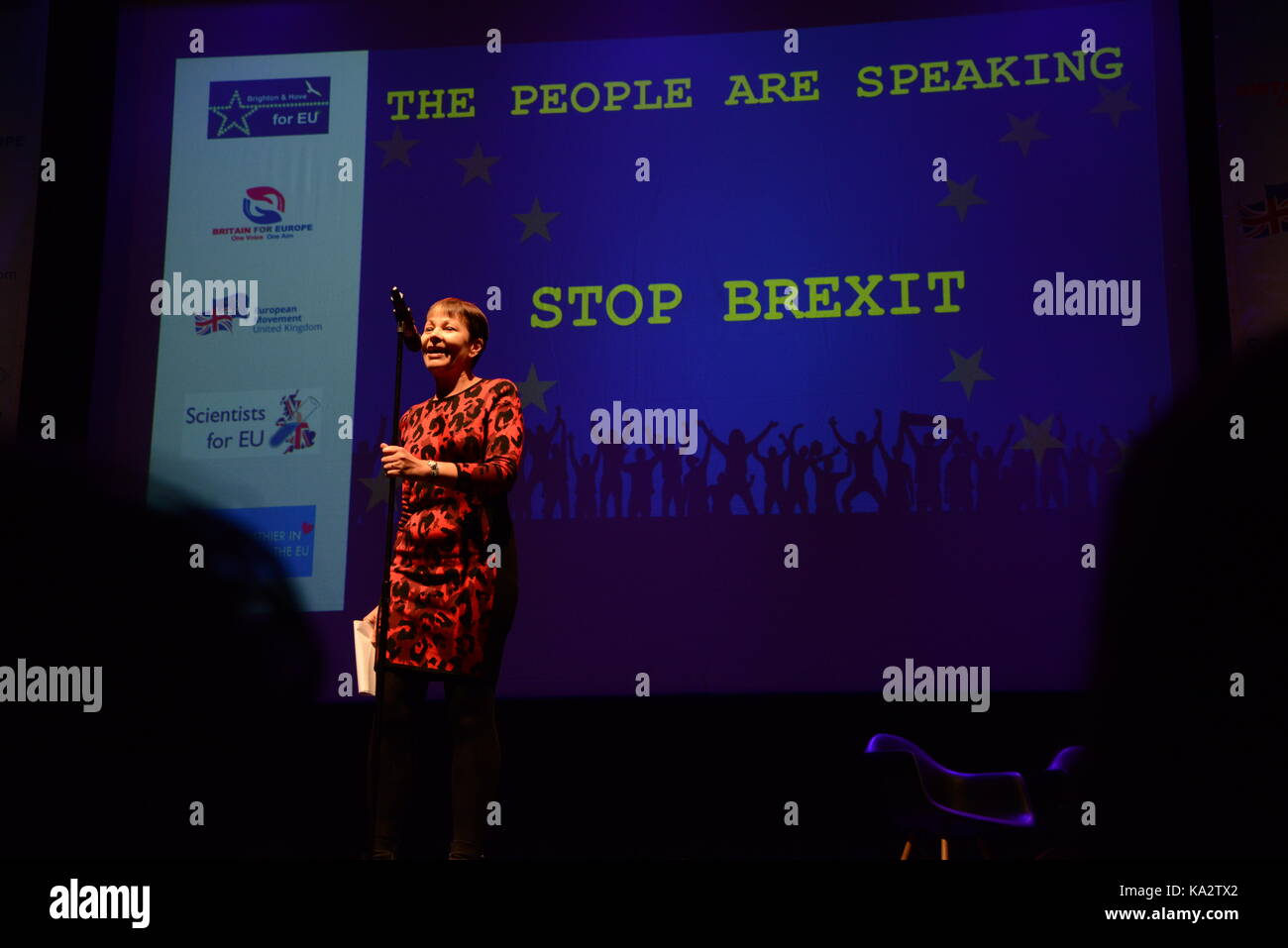 Brighton, UK. 24th September, 2017. After the Brighton and Hove for EU march and rally earlier in the day, Caroline Lucas, MP for Brighton Pavilion and co-leader of the Green Party, speaks to the marchers in the evening at the Brighton Dome theatre. Credit: Aztec Images/Alamy Live News Stock Photo