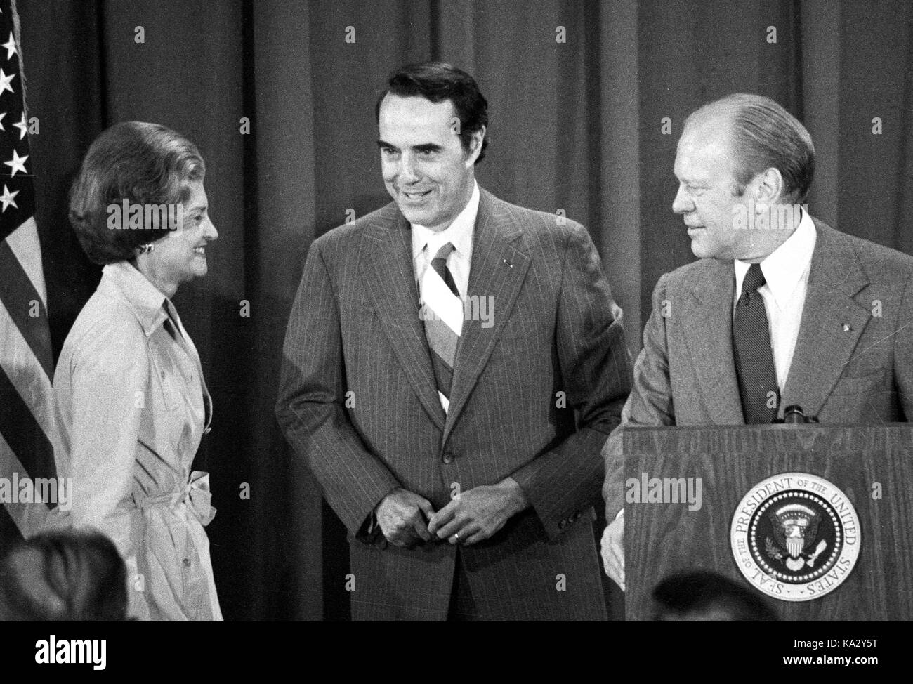 United States President Gerald R. Ford, right, and first lady Betty Ford, left, are photographed with US Senator Bob Dole (Republican of Kansas) in Kansas City, Missouri after the Chief Executive named him as his running mate in the 1976 Presidential election on August 18, 1976. Both men will be running on the Republican ticket. Credit: Arnie Sachs/CNP - NO WIRE SERVICE - Photo: Arnie Sachs/Consolidated News Photos/Arnie Sachs - CNP Stock Photo