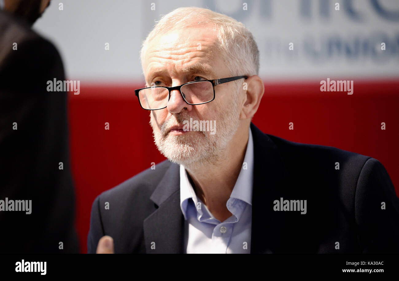 Brighton, UK. 25th Sep, 2017. Jeremy Corbyn the leader of the Labour Party visiting the exhibition stands at the Labour Party Conference in The Brighton Centre today Credit: Simon Dack/Alamy Live News Stock Photo