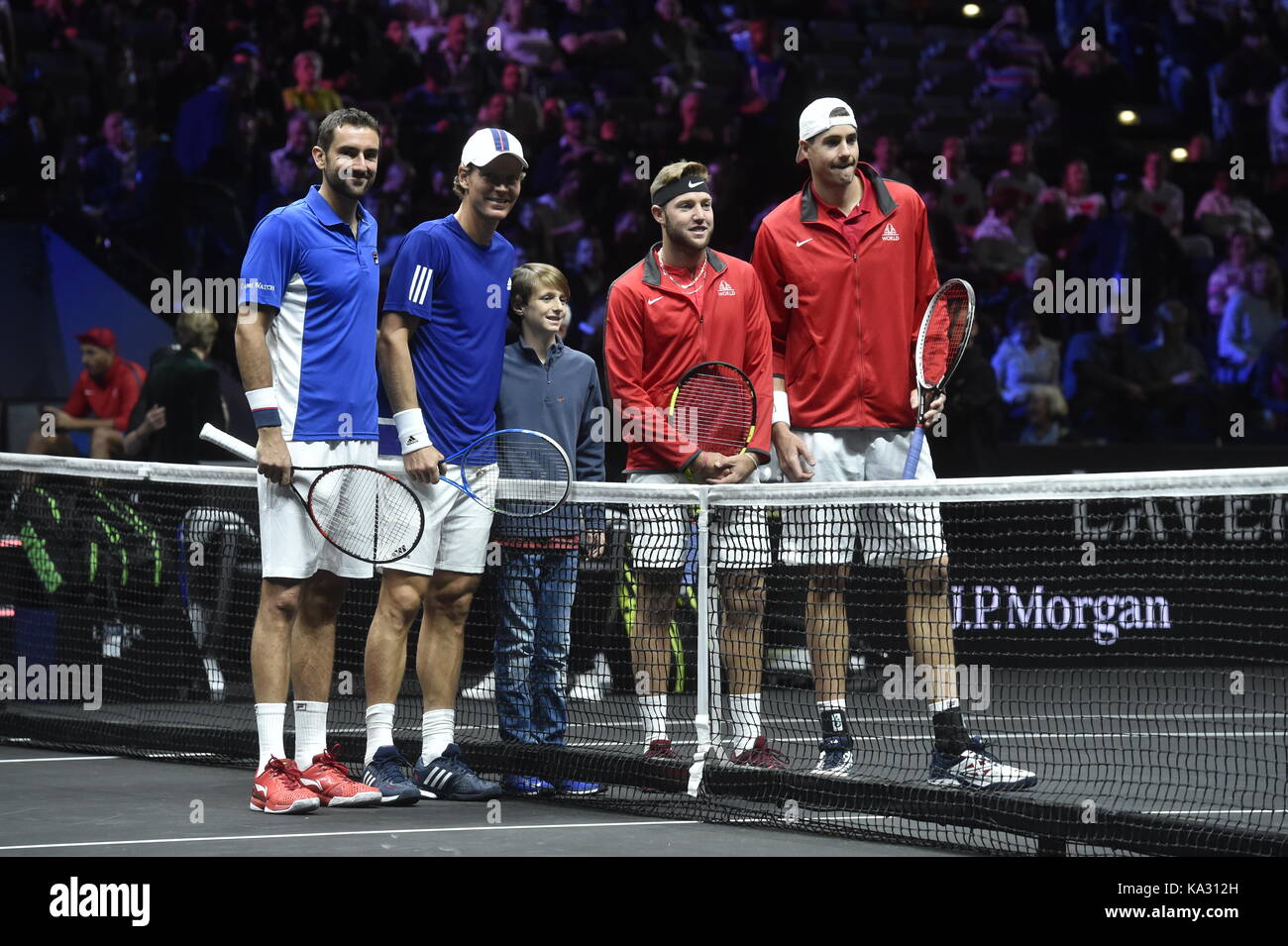 R-L US tennis player John Isner and Jack Sock (both Team World) pose before  the match against Czech TOMAS BERDYCH (second from left) and Croatian MARIN  CILIC (left) (both Team Europe) within