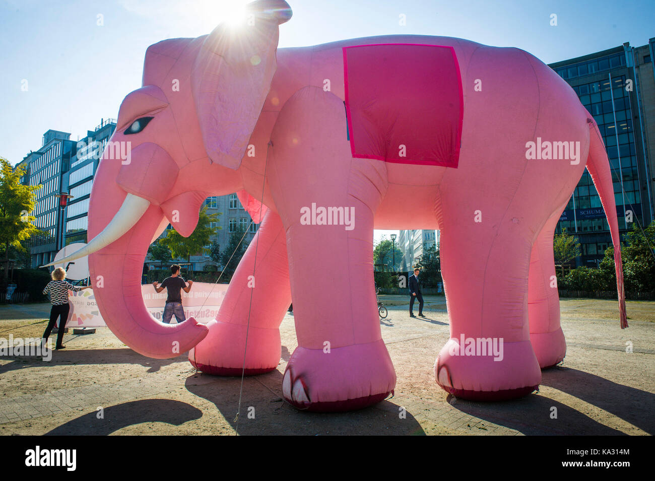 Brussels, Bxl, Belgium. 25th Sep, 2017. A massive inflatable elephant is seen in front of European Commission headquarters in Brussels, Belgium on 25.09.2017 SDG Watch protest at European quarters of Brussels to remind President Jean Claude Juncker, that he cannot continue to ignore sustainability. The protestors hold a banner with an inscription : 'Juncker stop ignoring elephant in the room' by Wiktor Dabkowski Credit: Wiktor Dabkowski/ZUMA Wire/Alamy Live News Stock Photo