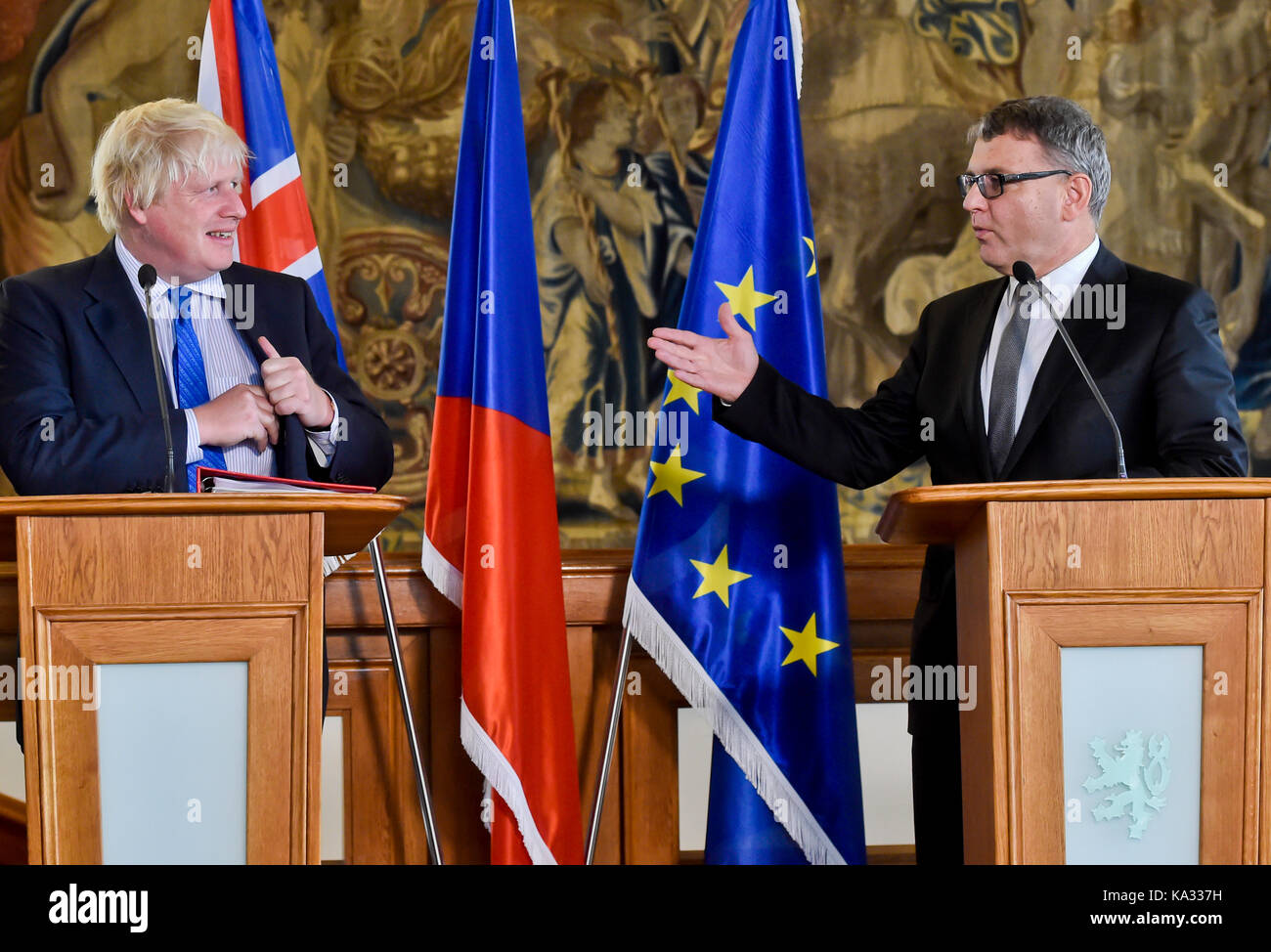 Prague, Czech Republic. 25th Sep, 2017. British Secretary of State for Foreign and Commonwealth Affairs Boris Johnson, left, and Czech Foreign Minister Lubomir Zaoralek meet to discuss Brexit and current geopolitical issues in Prague, Czech Republic, on Monday, September 25, 2017. Credit: Vit Simanek/CTK Photo/Alamy Live News Stock Photo