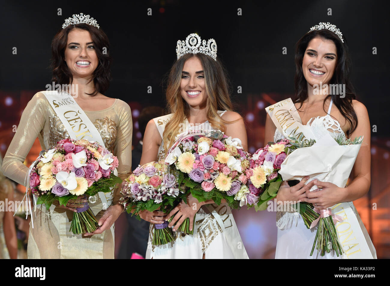 Brno, Czech Republic. 23rd Sep, 2017. Michaela Habanova, centre, students from Zlin, is new Czech Miss for Year 2017. At left is Iva Uchytilova, Czech Miss Earth and at right si Czech Miss Supranational Tereza Vlckova during the final of beauty contest ceremony of Czech Miss 2017 in Brno, Czech Republic, September 23, 2017. Credit: Vaclav Salek/CTK Photo/Alamy Live News Stock Photo