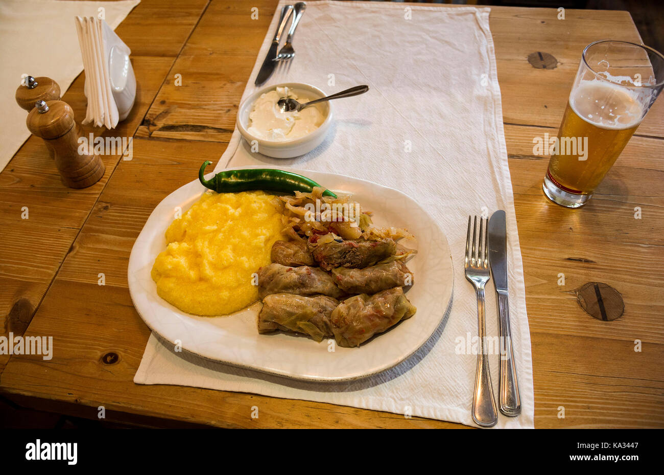 BUCURESTI, ROMANIA - SEPTEMBER 13, 2017. Traditional food  sarmale at 'Tears and Saints '(Lacrimi si Sfinti ), high class restaurant on Sepcari Street Stock Photo