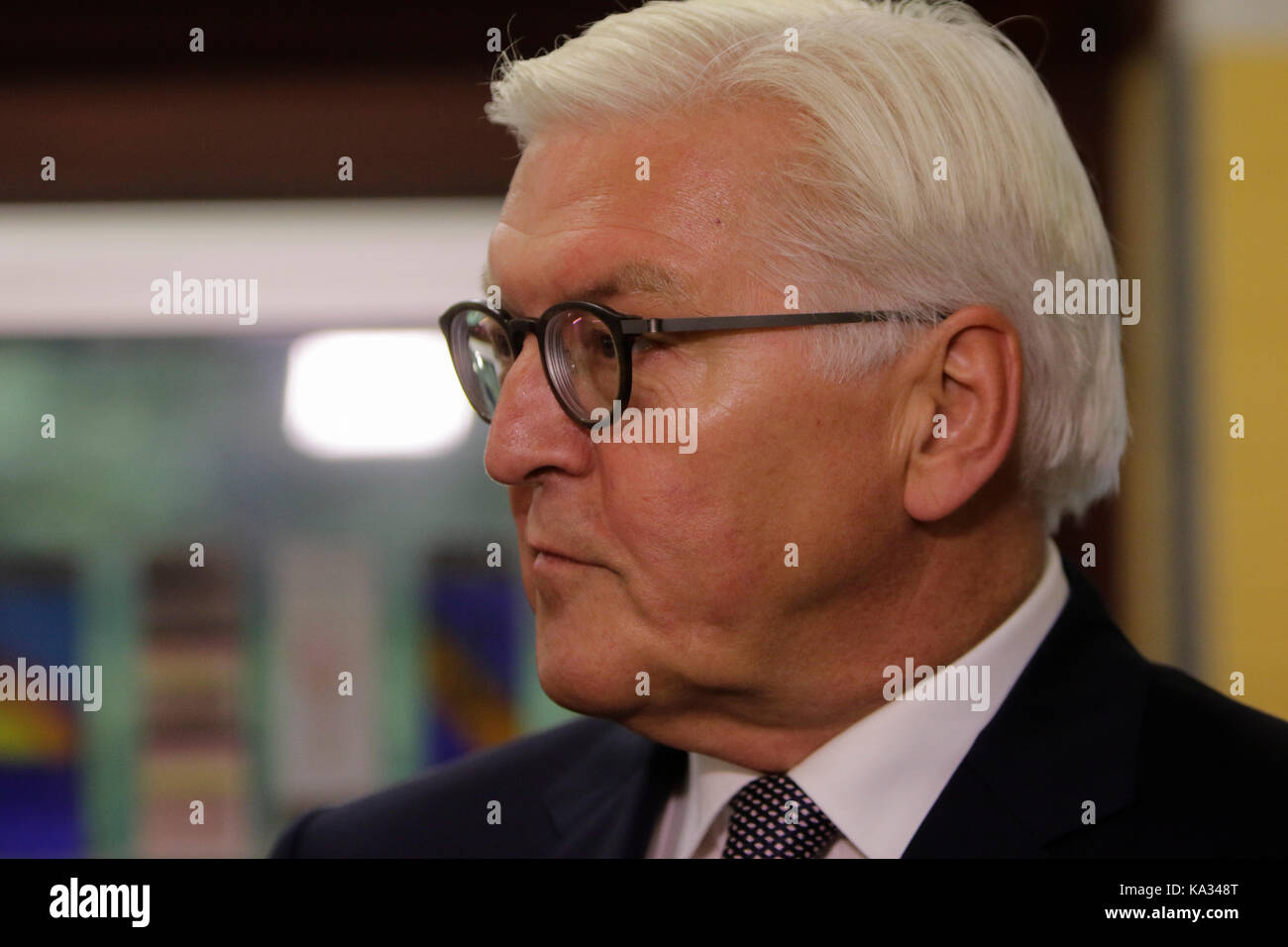 Berlin, Germany. 24th Sep, 2017. Close-up of Frank-Walter Steinmeier. The German President Frank-Walter Steinmeier and his wife Elke Büdenbender cast their votes for the German General Election in the Nord-Grundschule in Berlin Zehlendorf. Credit: Michael Debets/Pacific Press/Alamy Live News Stock Photo