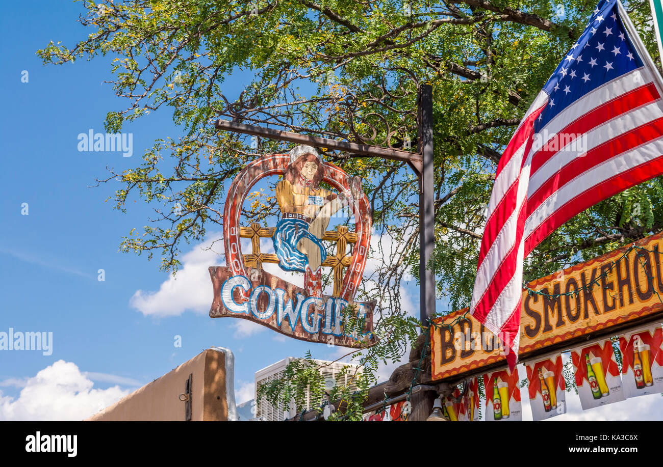 Cowgirl BBQ Restaurant and Bar with US flag in the historic Guadalupe district of Santa Fe, New Mexico, USA. Stock Photo