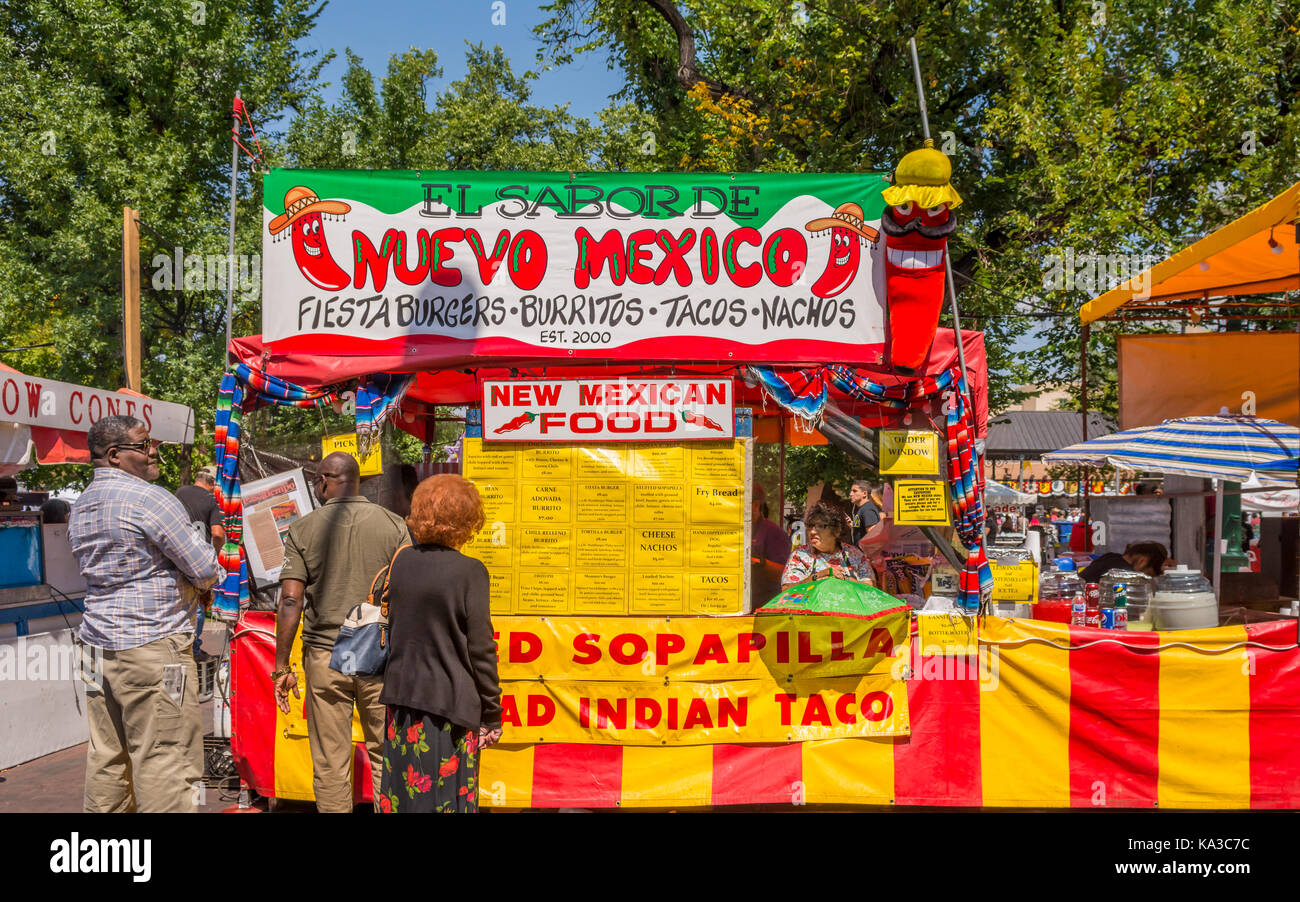 Food booth selling New Mexico food at the fall festival, Fiestas de Santa Fe,  in Santa Fe, New Mexico USA. Stock Photo