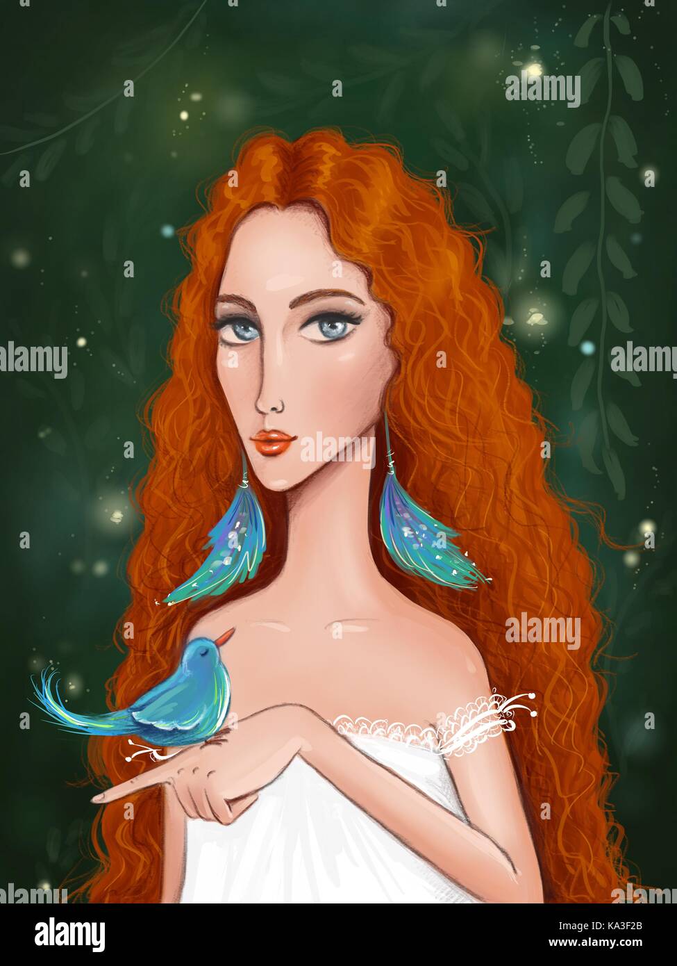 Digital Portrait Of A Red Haired Lady With A Beautiful Little Bird