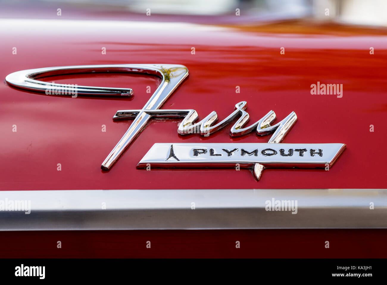 Laupheim, Germany - September 24, 2017: Plymouth Fury oldtimer car at the US Car Meeting event on September 24, 2017 in Laupheim, Germany. Stock Photo