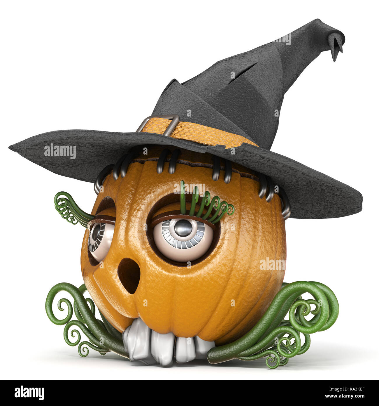 Halloween pumpkin Jack O Lantern lady with witch hat 3D render ...