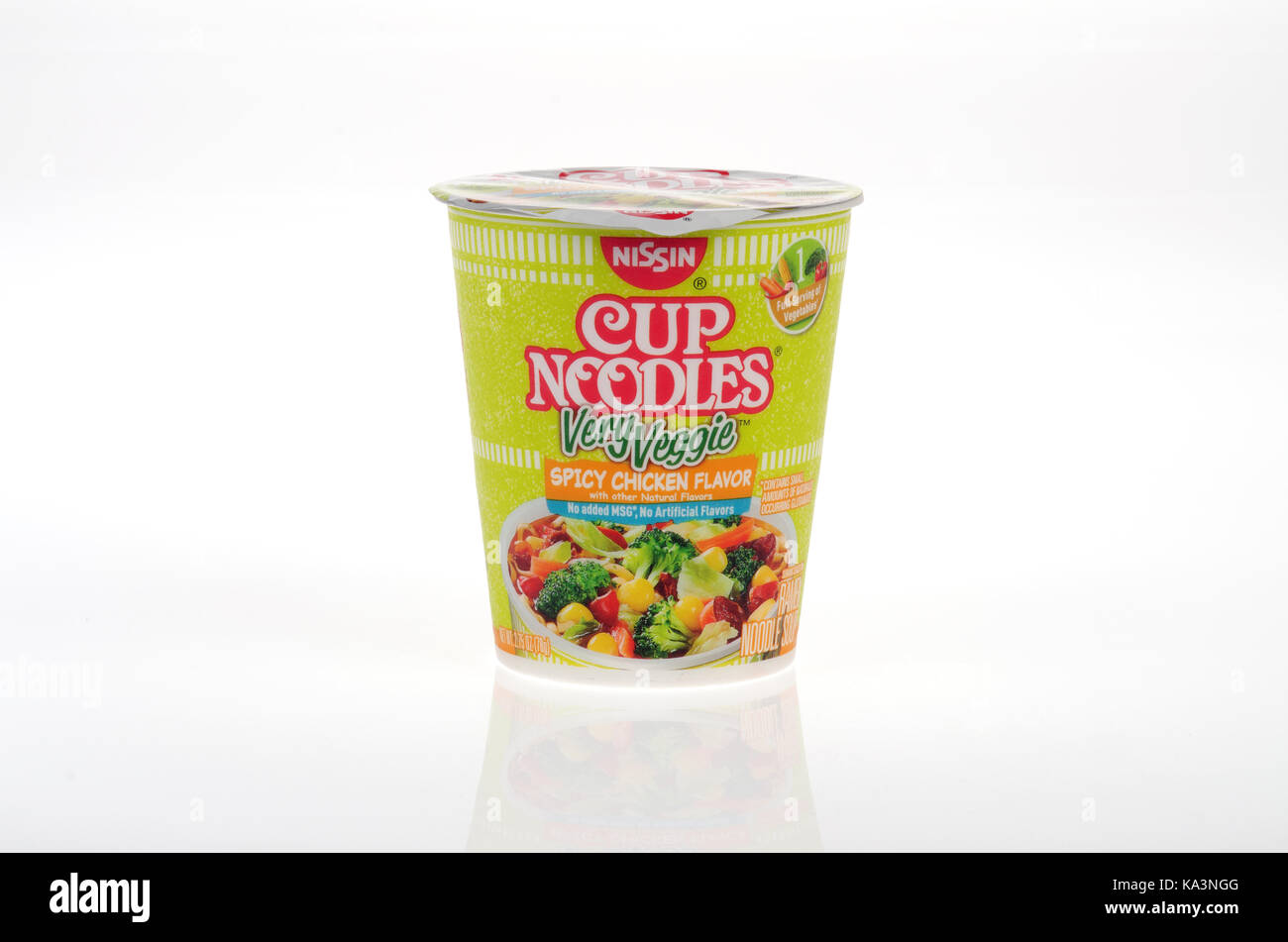 Nissin Cup of Noodles Very Veggie Spicy Chicken flavor soup on white background isolated, USA Stock Photo