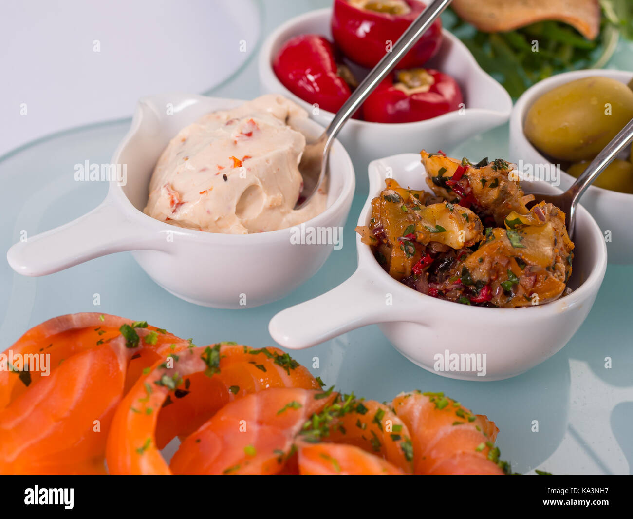 Snack set. Oktoberfest food frame concept. Variety of humus, olives ...