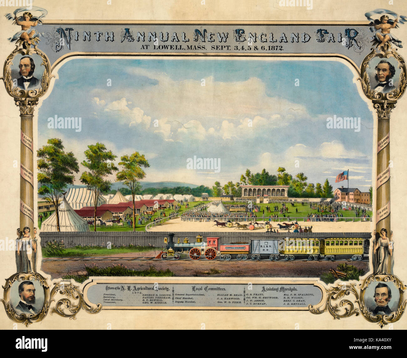 Ninth annual New England Fair, at Lowell, Mass., Sept. 3, 4, 5 & 6 1872. View of fairground, with horses racing, tents, and crowds, and railroad train in foreground, Lowell, Massachusetts. Stock Photo