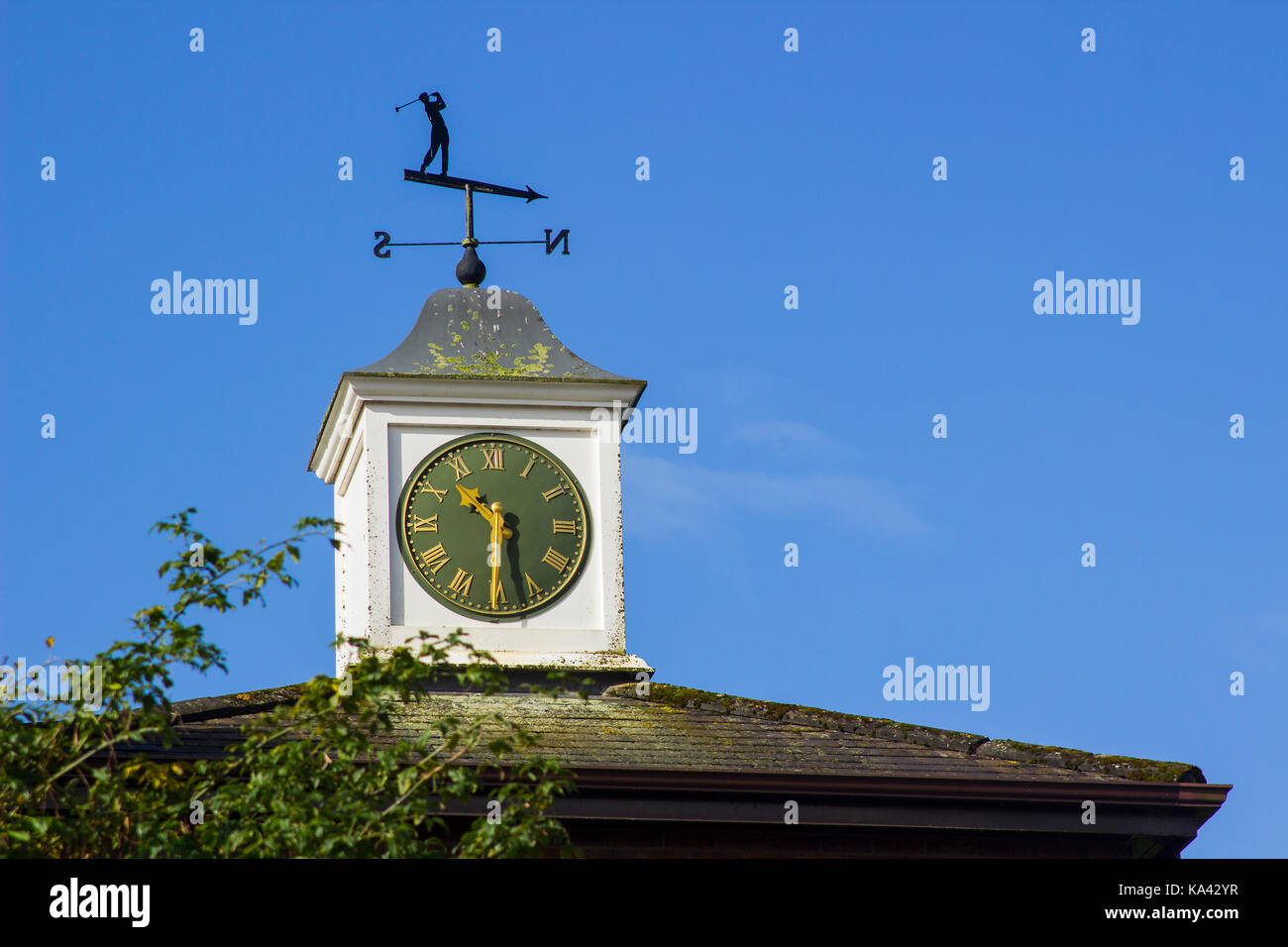 A traditional weather vane in a golfer's theme on top of a golf pro