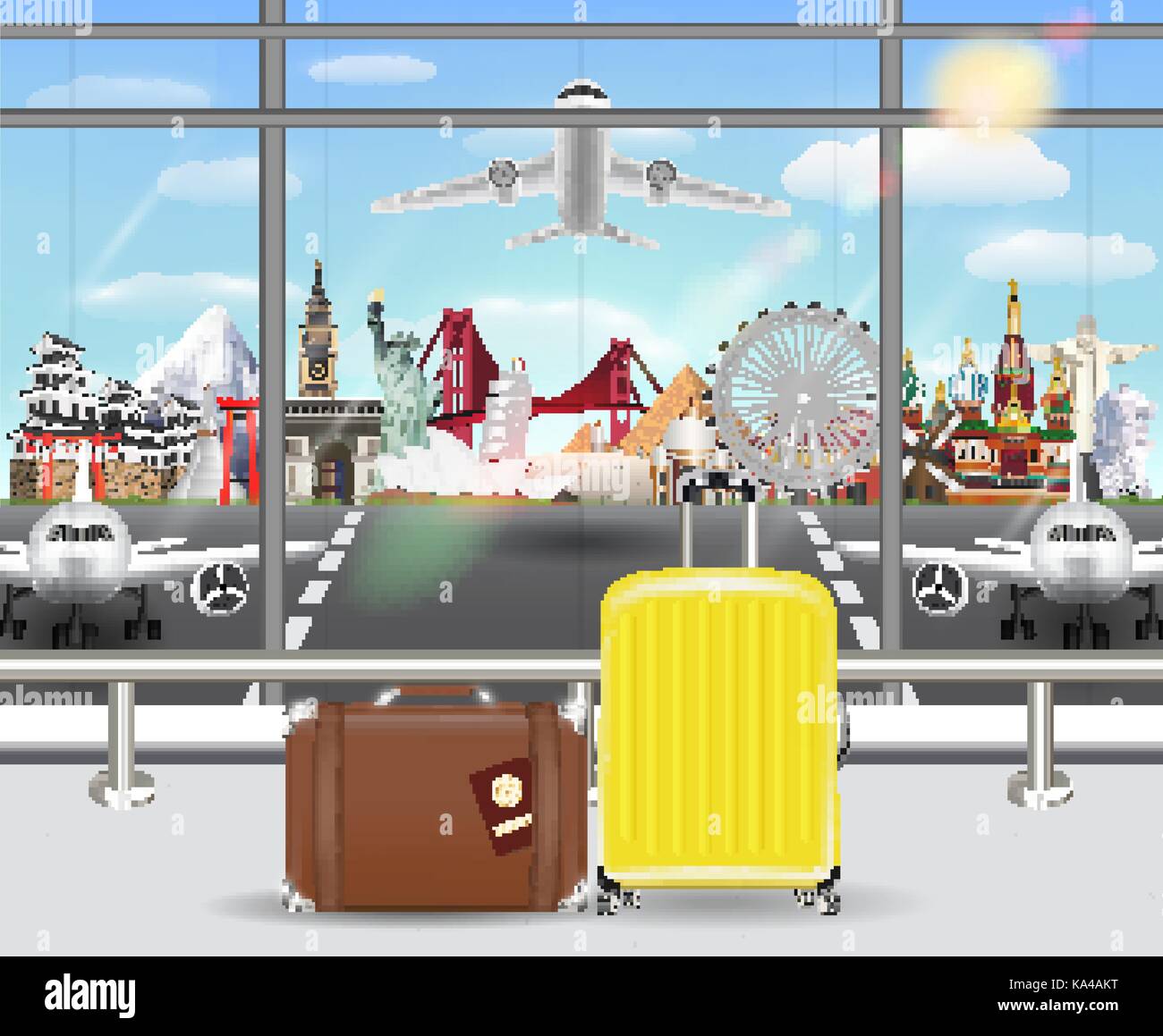 suitcase in airport with airplane travel landmark Stock Vector Image ...