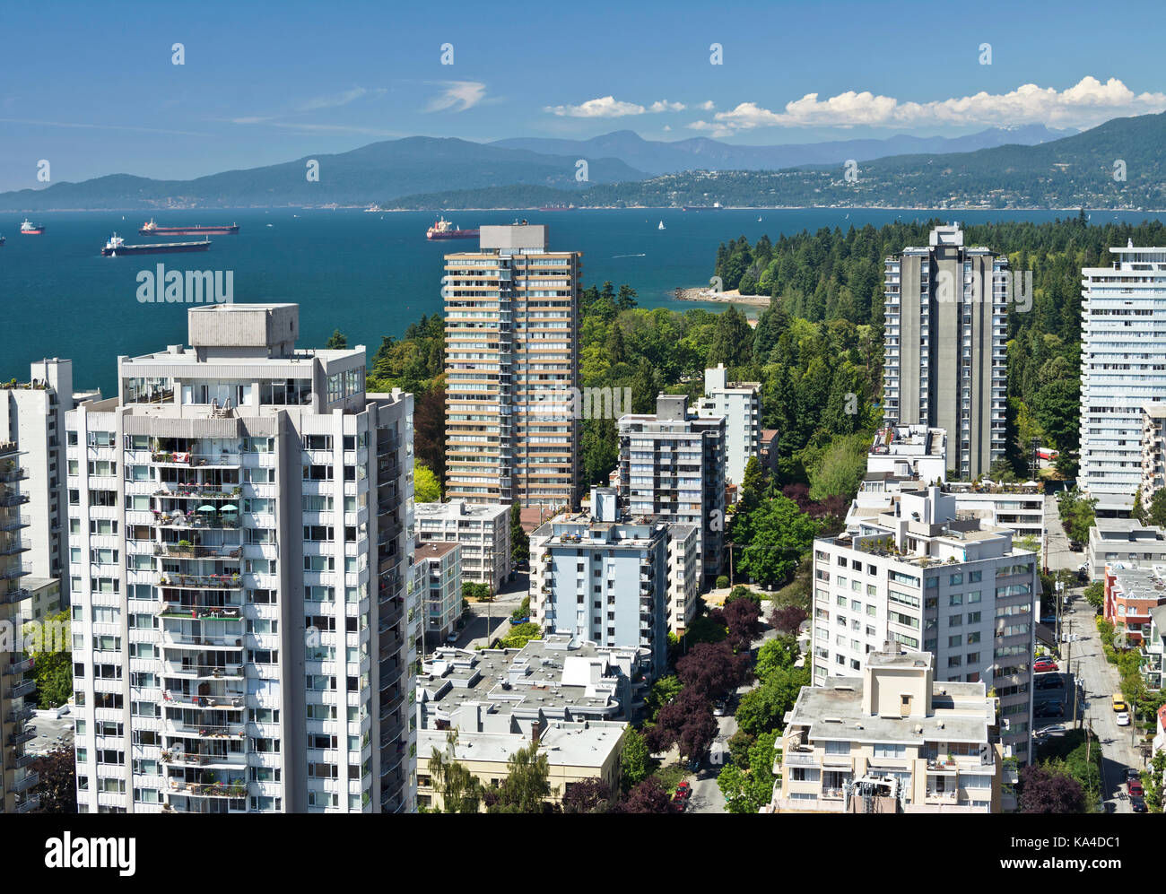 Aerial view of the West End in Vancouver, BC, Canada.  Apartment buildings, English Bay, and Stanley Park. Stock Photo