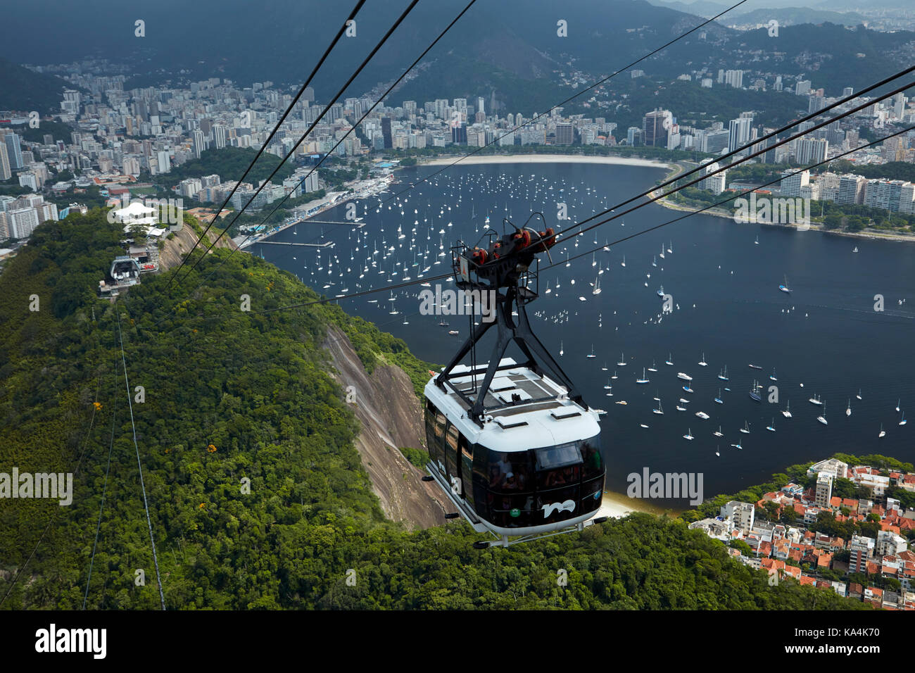 Cable car going up Sugarloaf Mountain (Pão de Açúcar), Rio de Janeiro, Brazil, South America Stock Photo