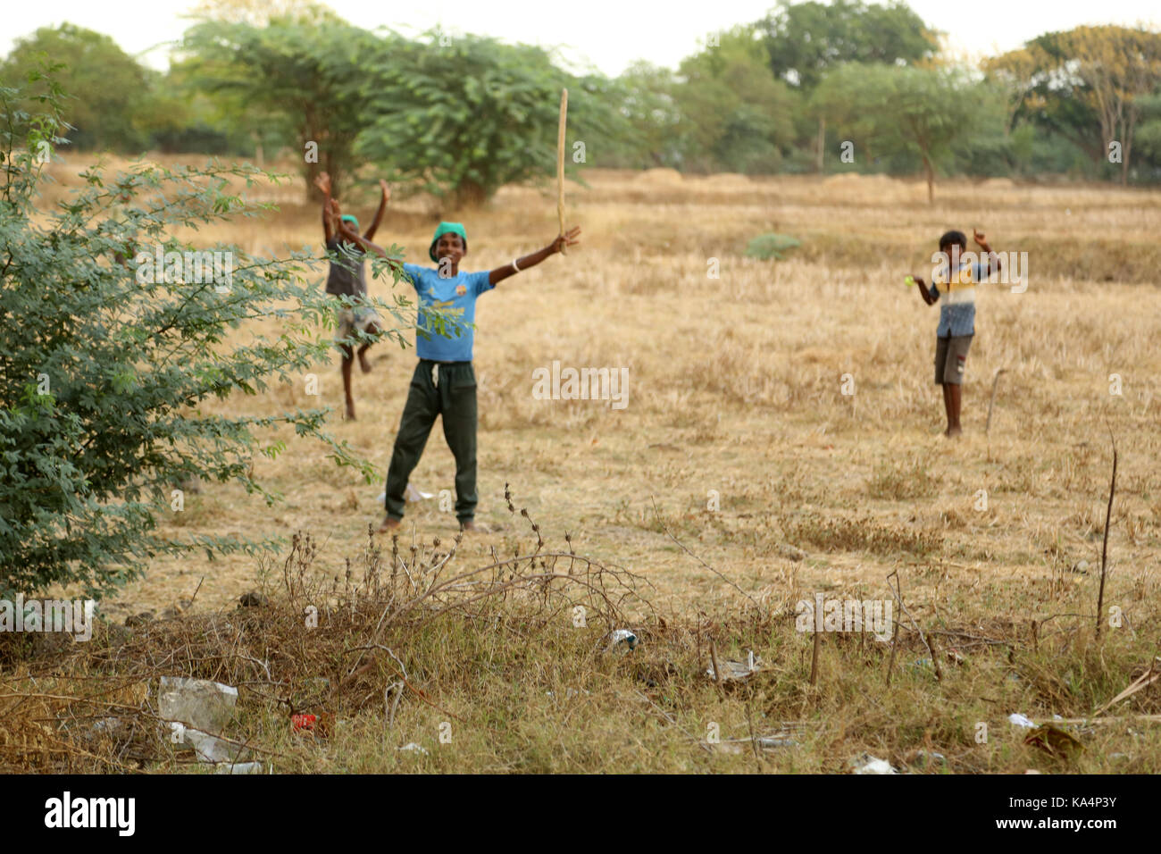Rural village boys playing cricket in field Stock Photo