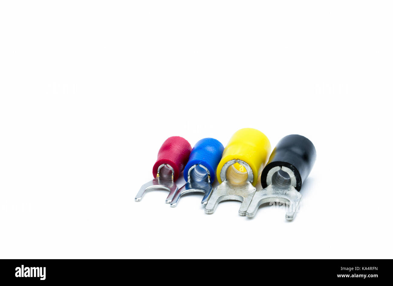 Red, blue, yellow and black color of spade terminals electrical cable connector accessories isolated on white background with clipping path Stock Photo