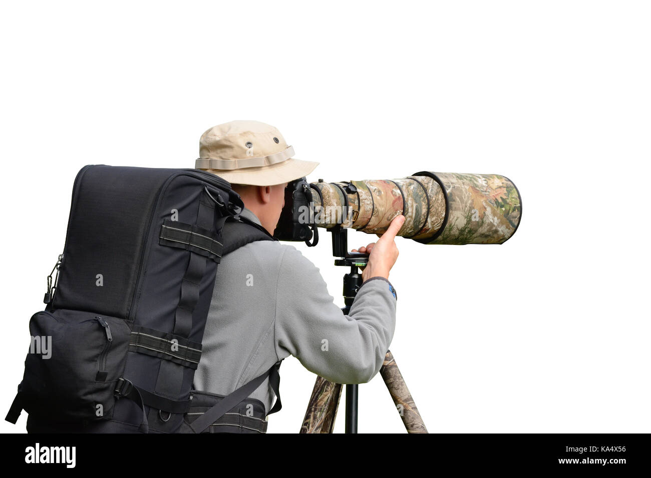 Professional wildlife photographer isolated on white background Stock Photo