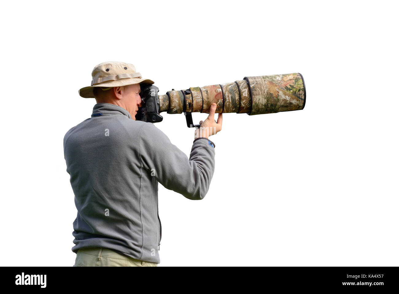 Professional wildlife photographer isolated on white background Stock Photo