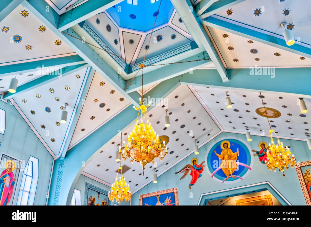 Silver Spring, USA - September 16, 2017: Inside interior St. Andrew Ukrainian orthodox cathedral near Washington DC during 15th Ukrainian festival Stock Photo