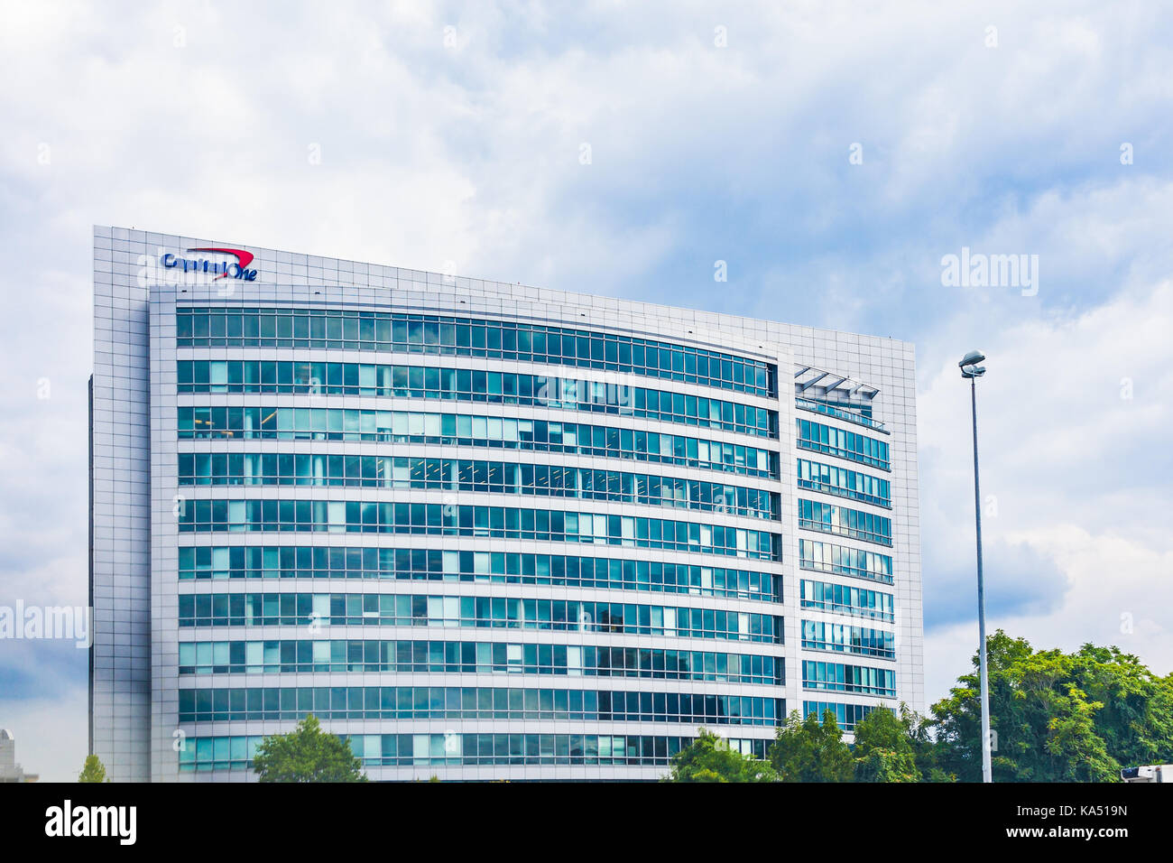 McLean, USA - September 16, 2017: Large Capital One Bank office building in Tyson's Corner in Virginia city with sign Stock Photo