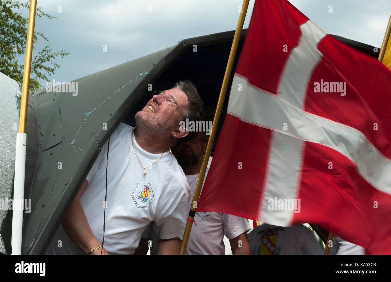 A man with the daska flag at the tent, Luxembourg. Stock Photo