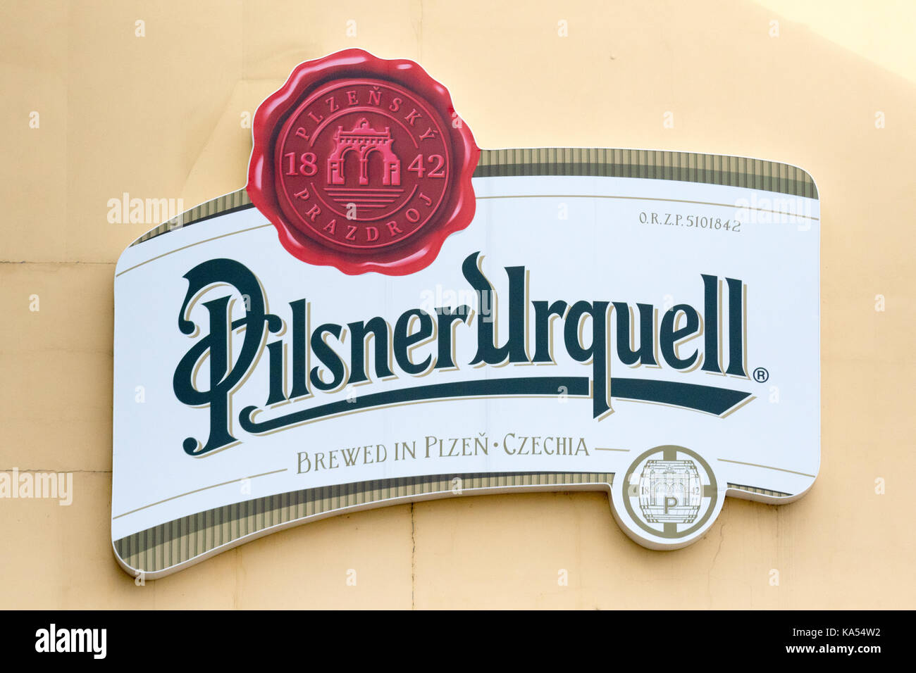 Pilsen, Czech Republic - August 16, 2017: signboard at the entrance to the Pilsner Urquell beer factory Stock Photo