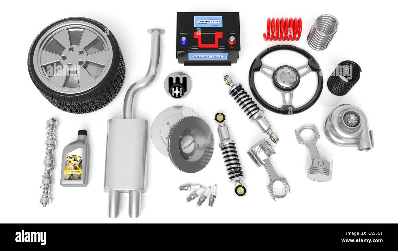 Various car parts and accessories, isolated on white background Stock