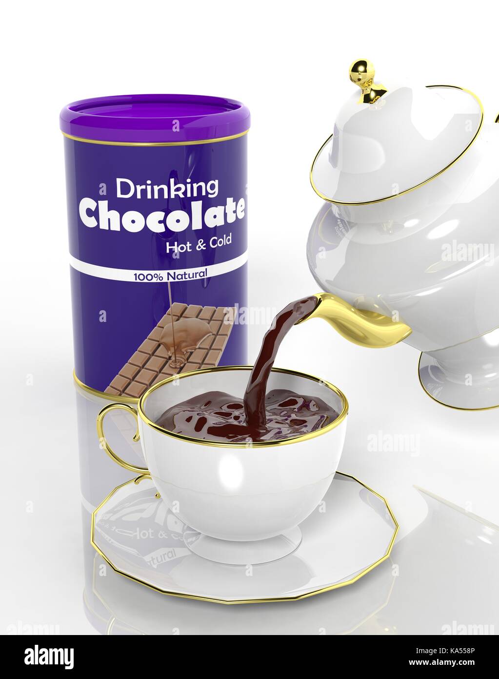 Package of chocolate and teapot pouring fresh choco to the cup Stock