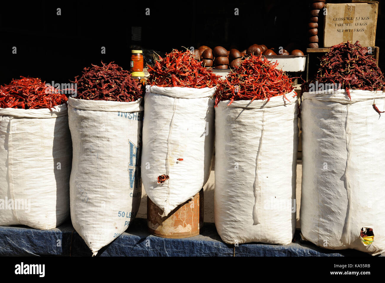 red chilli in sacks kept for selling, mumbai, maharashtra, India, Asia Stock Photo