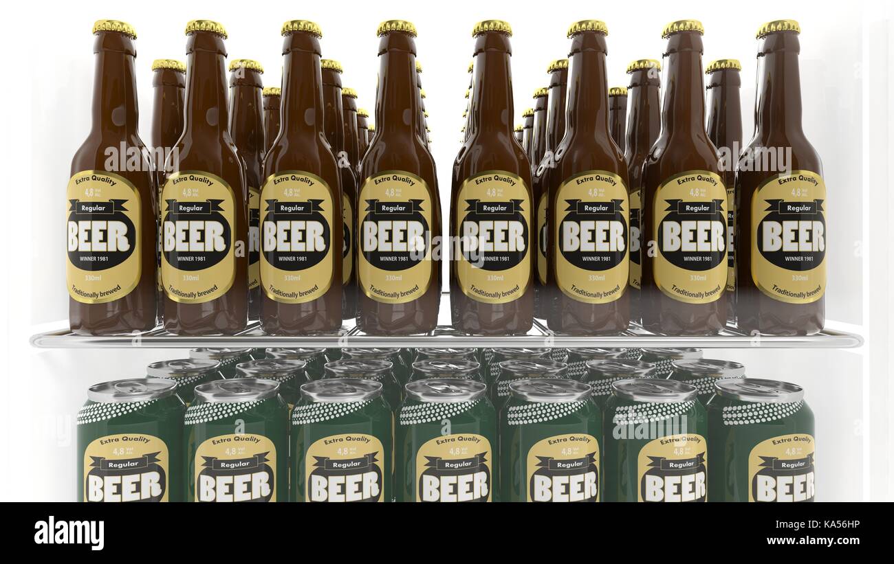 Various 3D beer containers on refrigerator shelve Stock Photo - Alamy