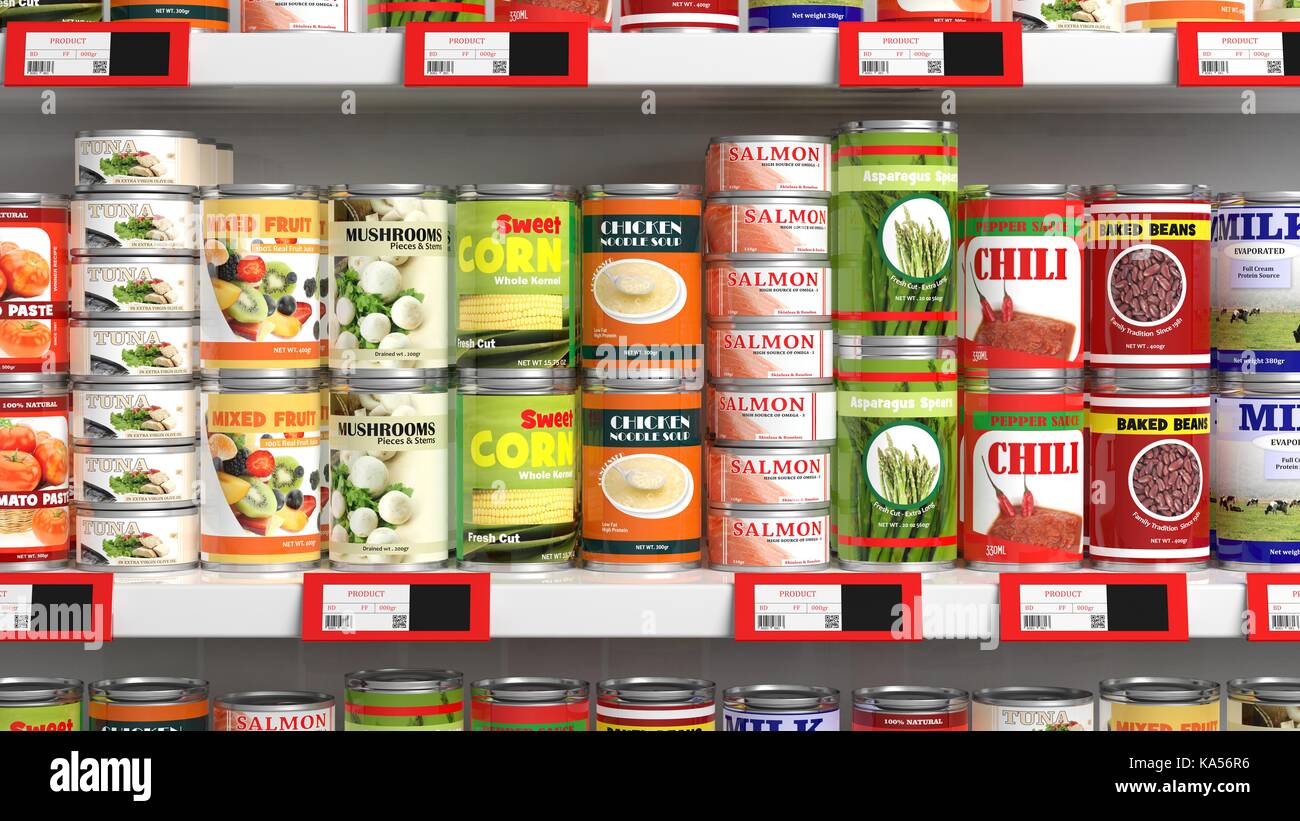 Various 3D can food products on supermarket shelve Stock Photo