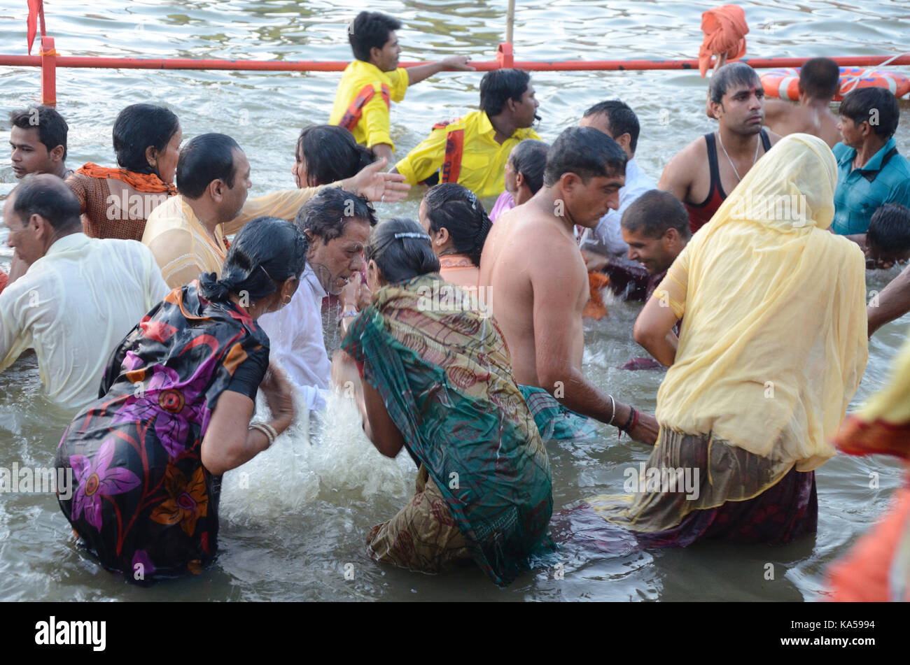 Pilgrims taking holy dip in river, kumbh mela, ujjain, madhya pradesh, India, Asia Stock Photo