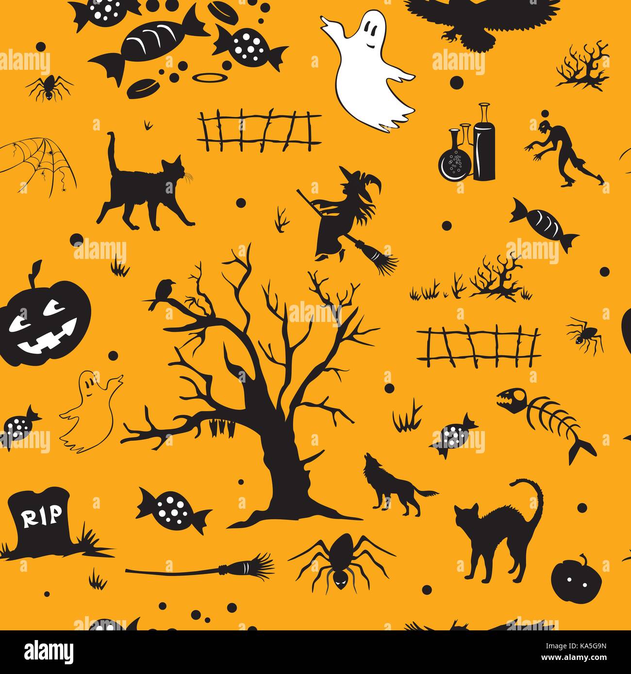 Halloween vector seamless pattern with ghost, tomb, black cat, candy, tree, spider, pumpkin, witch, on orange background Stock Vector