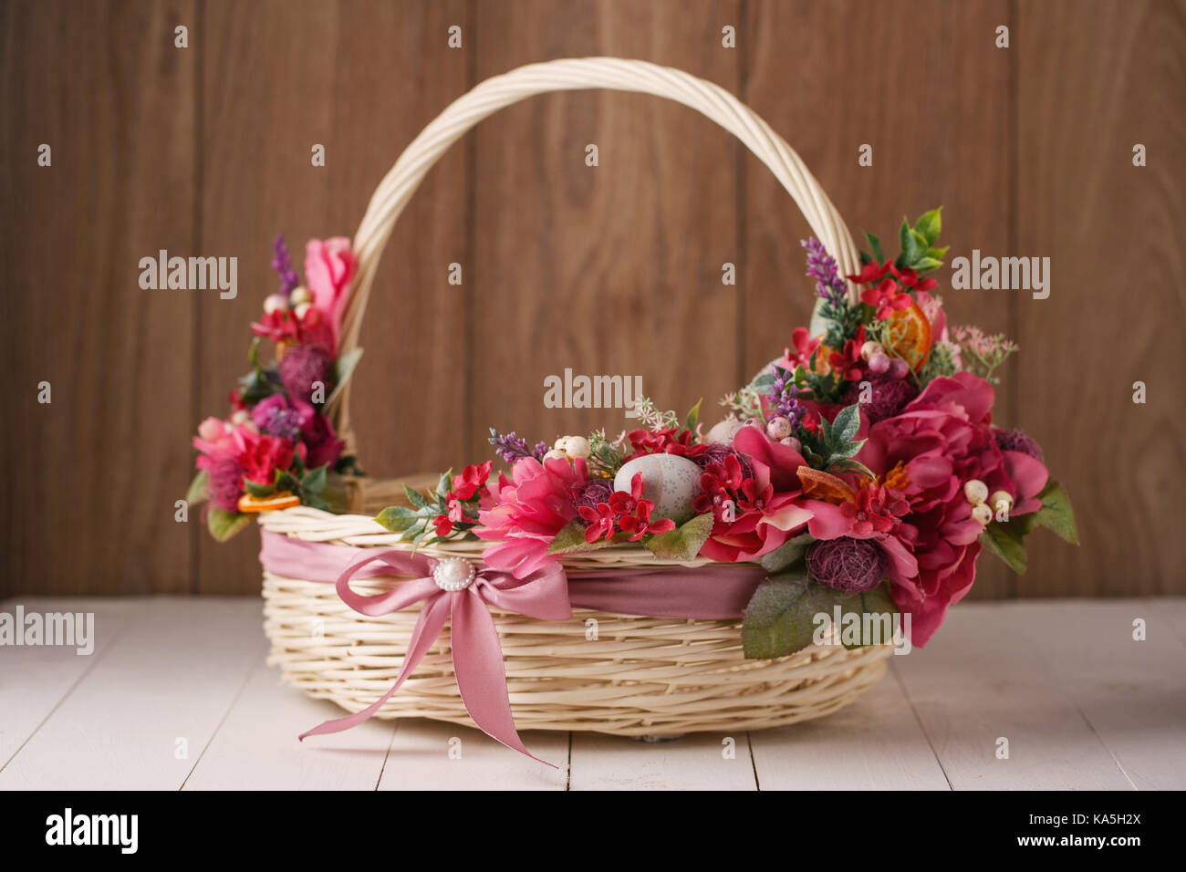 Easter basket with decorated eggs Stock Photo