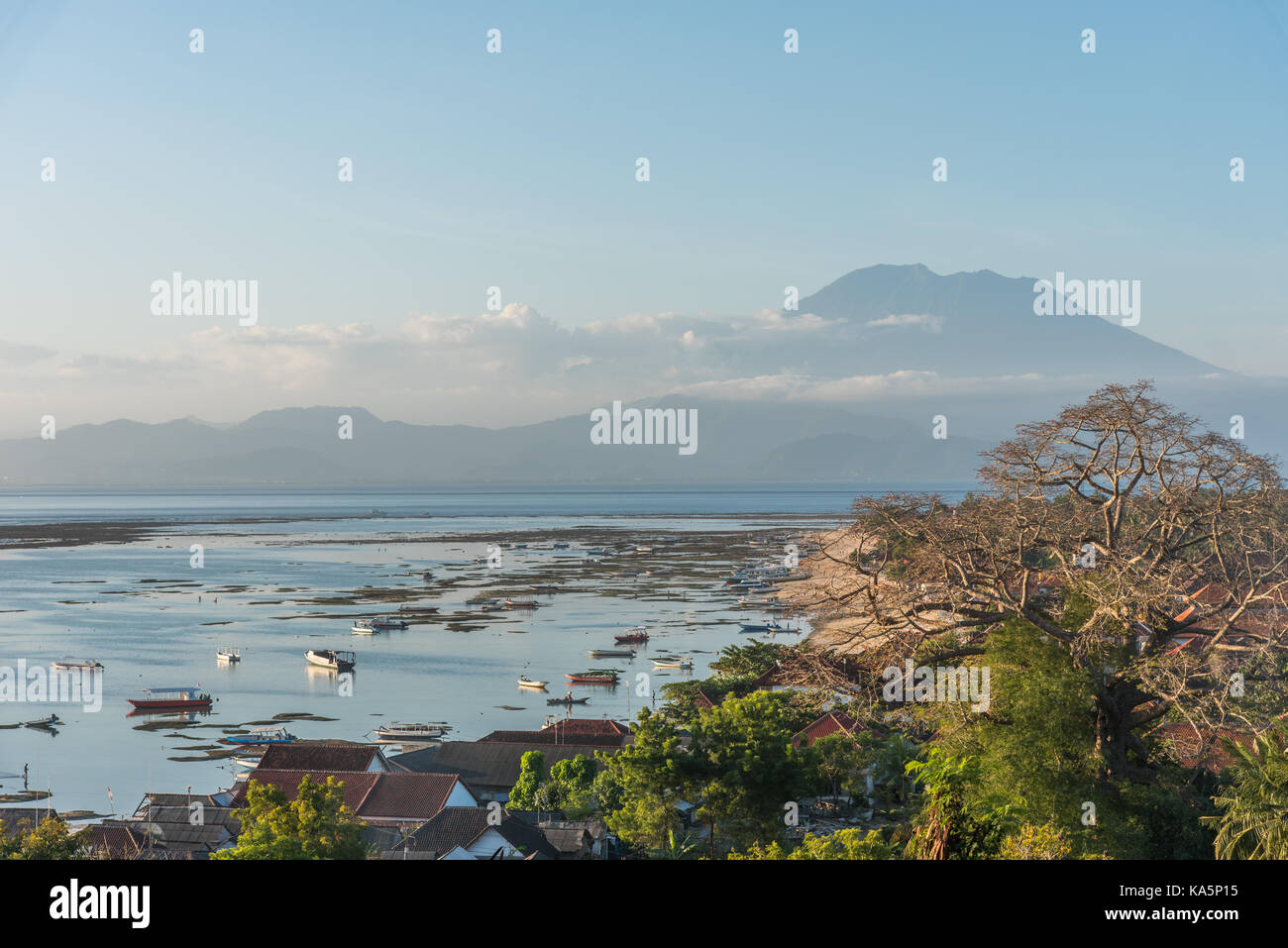 Beautiful view from Panorama point on the island Nusa Lembongan over Jungut Batu beach and the rumbling Vulcan Agung on Bali Indonesia Stock Photo