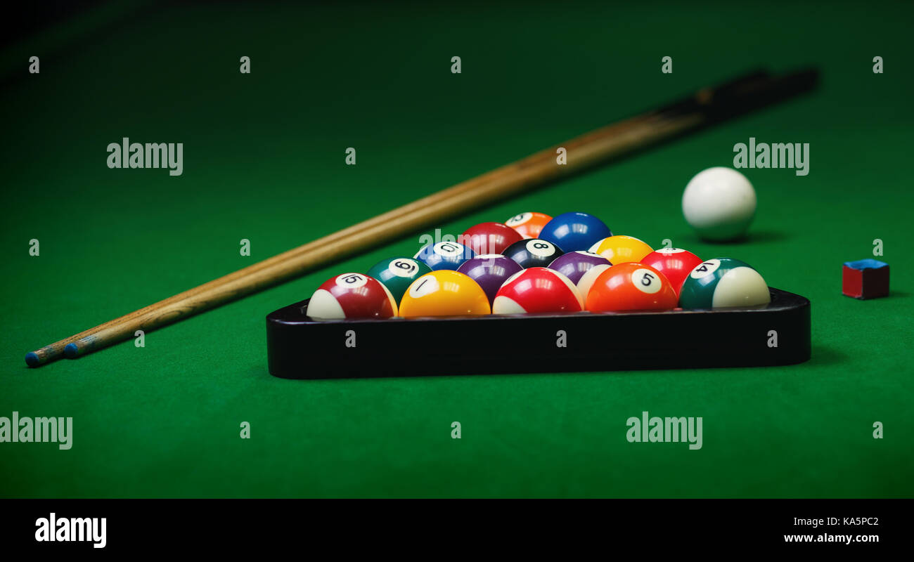 Billiard balls pool on green table Stock Photo