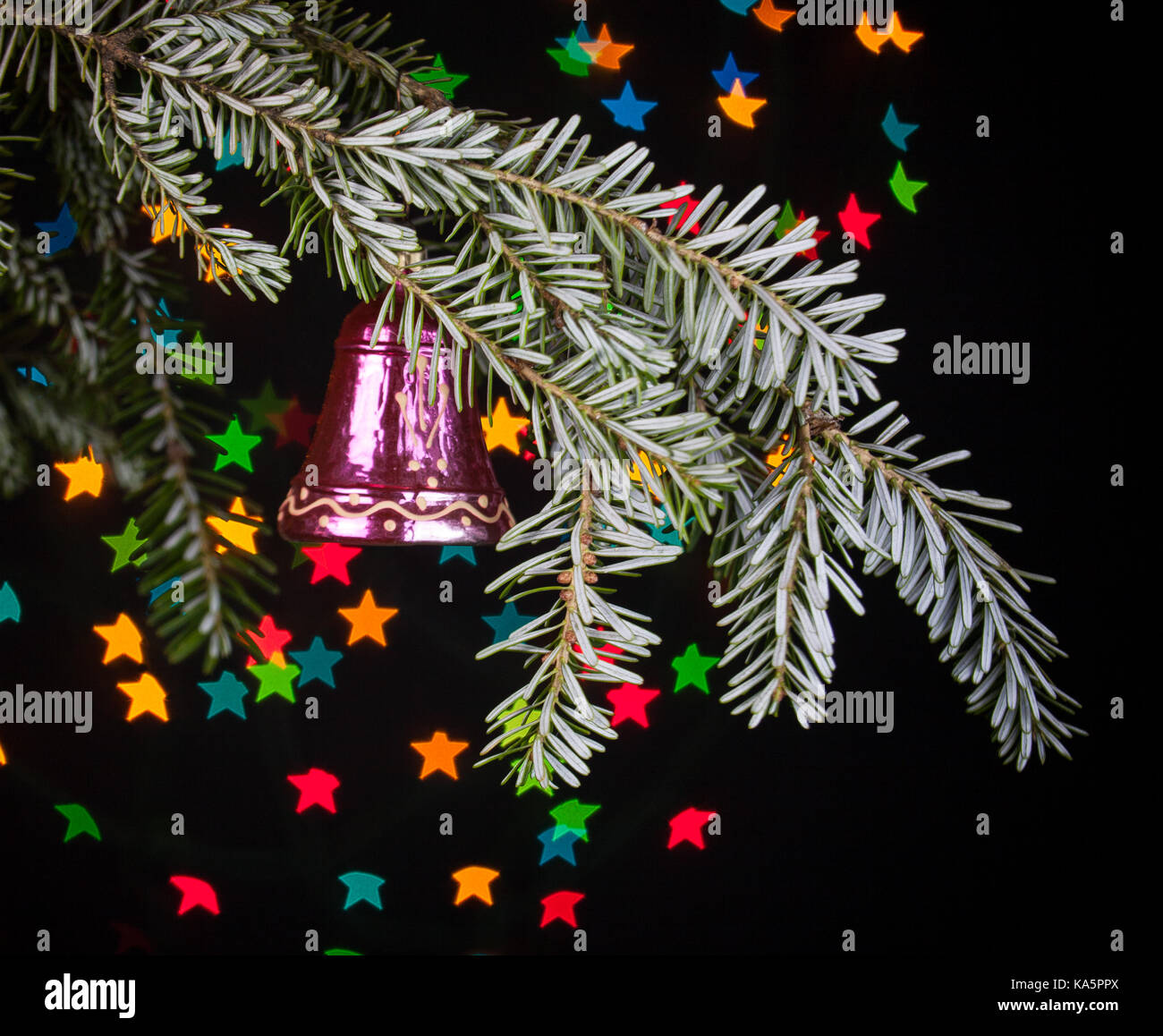 The branches of the Christmas tree on the background of glowing stars ...