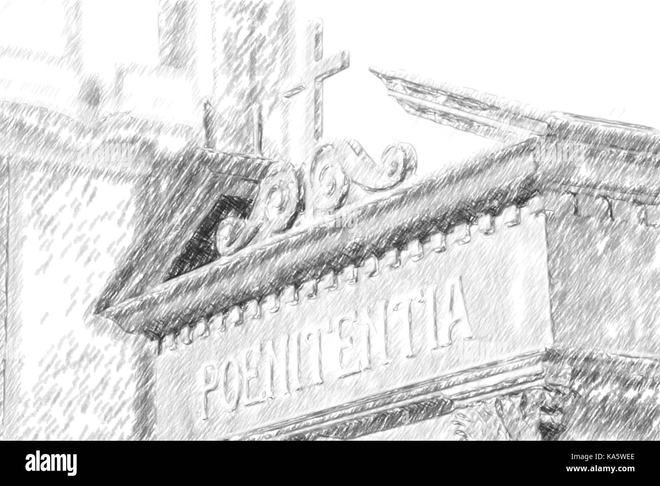 the Latin word poenitentia meaning repentance engraved on a wooden confessional Stock Photo