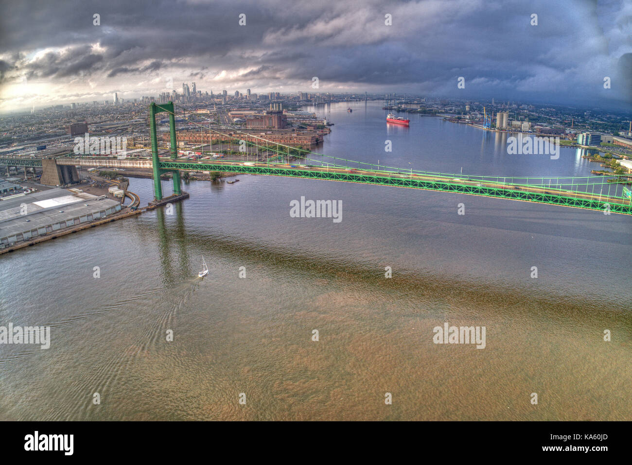 Aerial of Walt Whitman Bridge Looking Towards Center City Philadelphia Stock Photo
