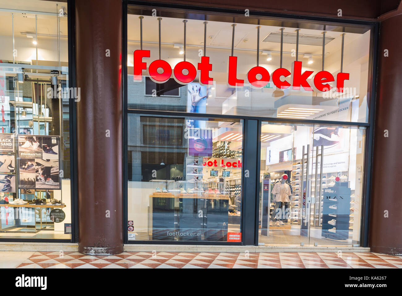 Milan, Italy - August 10, 2017: Foot Locker store in Corso Vittorio Emanuele II near Piazza Duomo, sportswear and footwear retailer . Concept of shopp Stock Photo