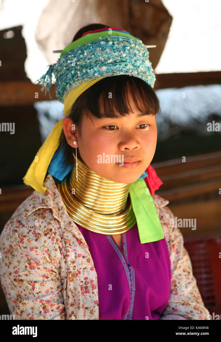 Closeup portrait of woman pagan tribe Karen (Padaung) Long Neck with rings on neck in Thailand. Stock Photo
