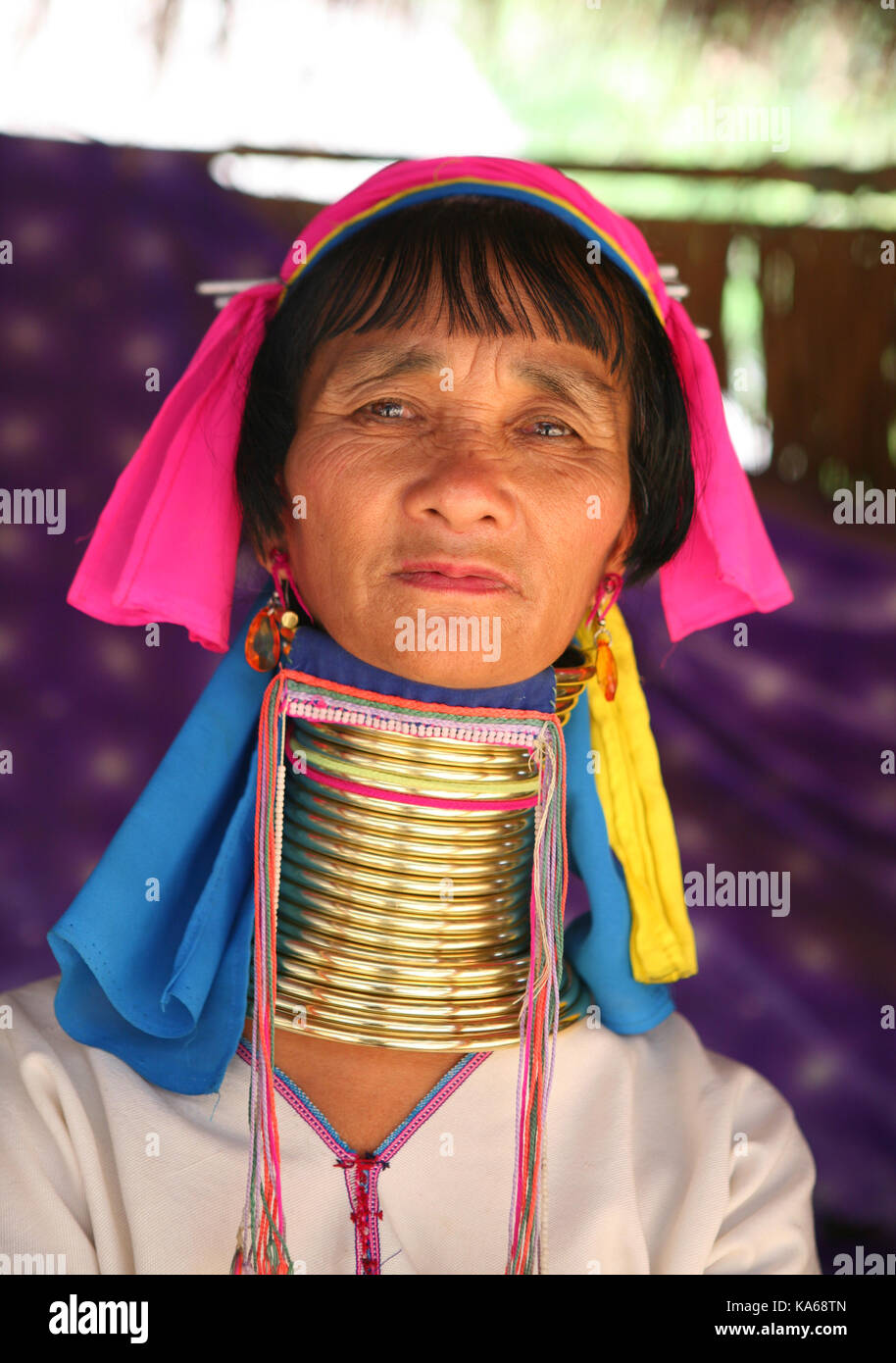 Closeup portrait of woman pagan tribe Karen (Padaung) Long Neck with rings on neck in Thailand. Stock Photo