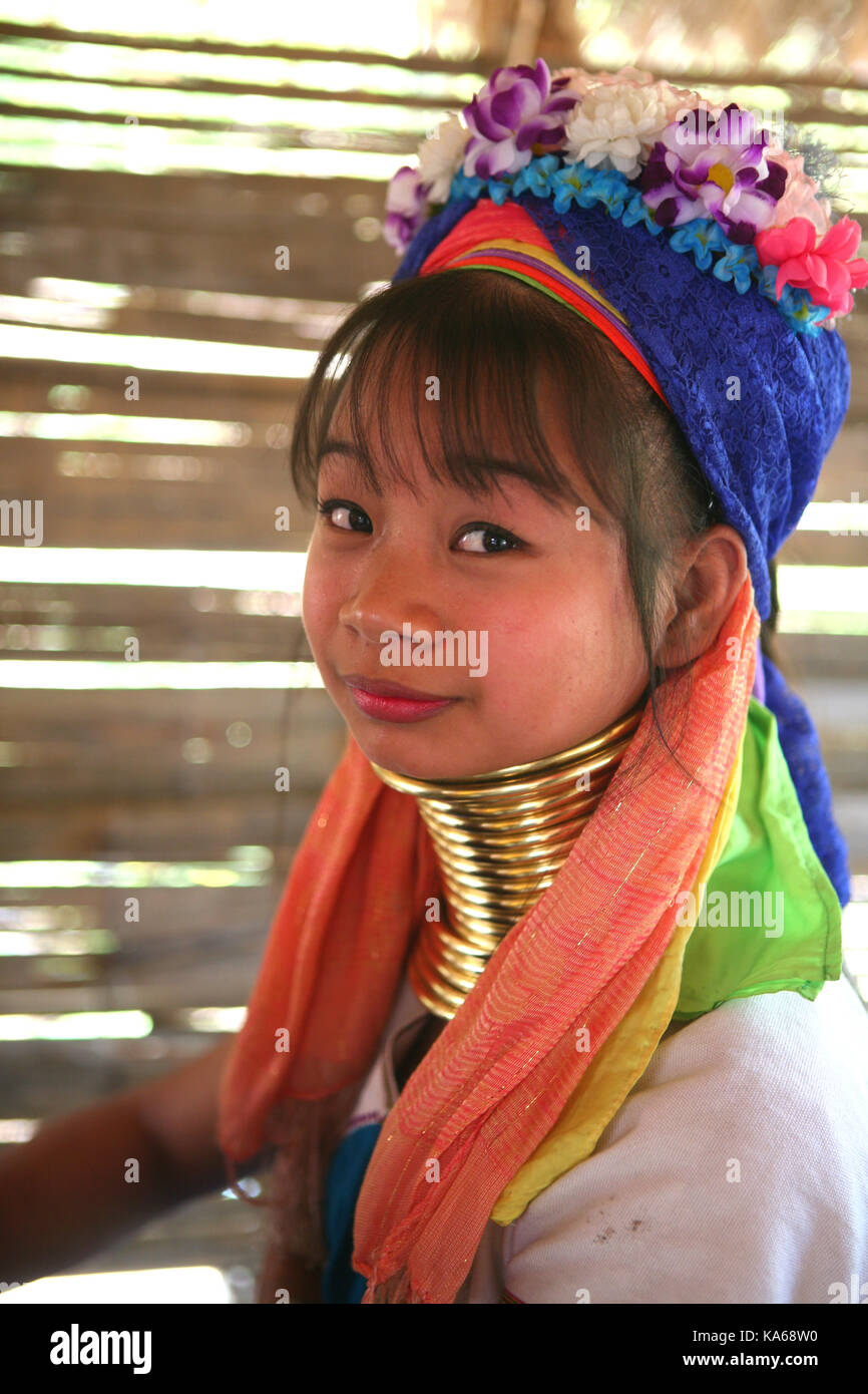 Long Neck girl pagan tribe Karen  (Padaung)  tribe with rings on neck in Thailand. Repression Karen in Myanmar forced them to flee to Thailand Stock Photo