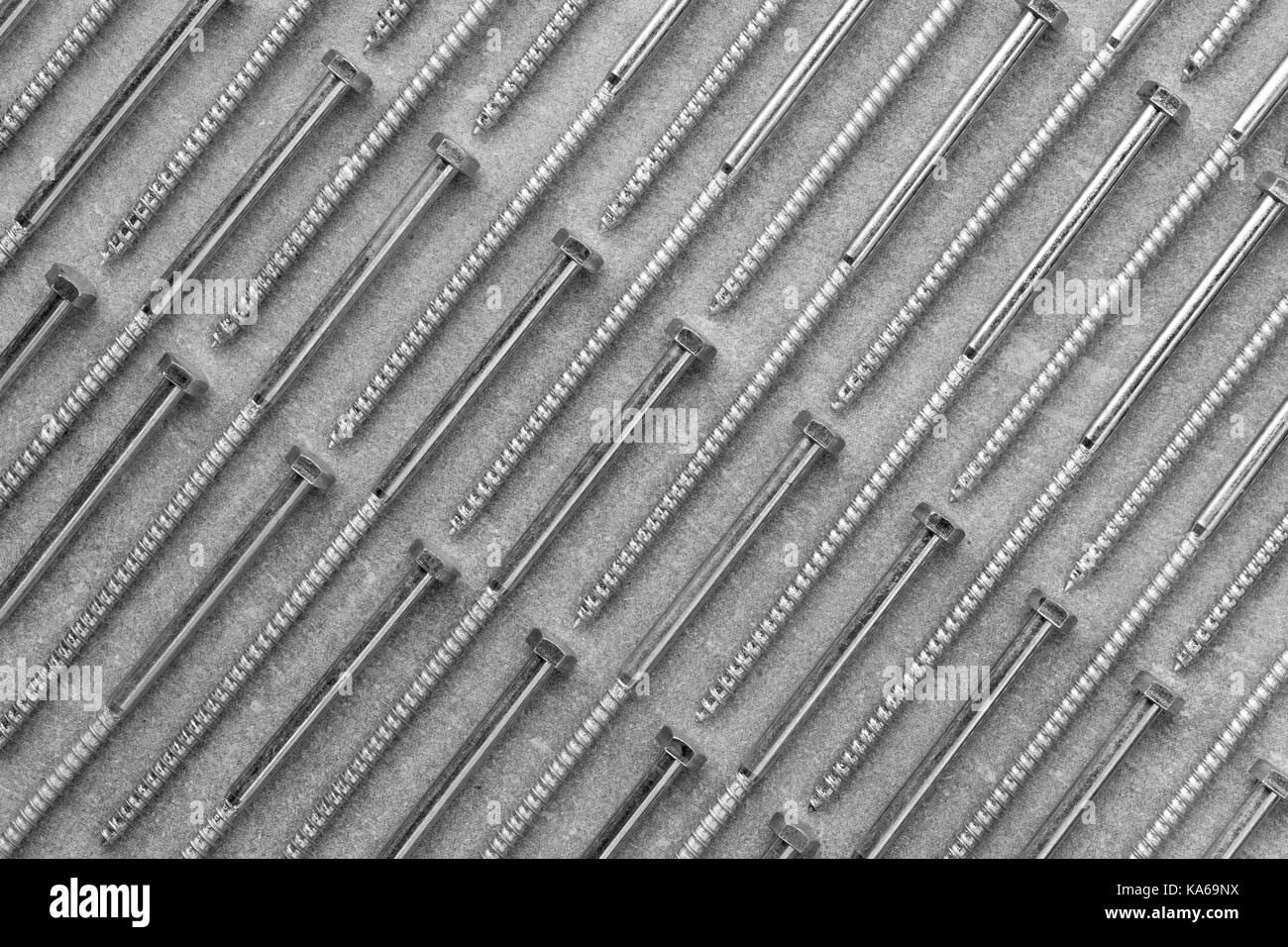 set of new metal screws on a grey background are on the diagonal. black and white photo. Flat lay, top view Stock Photo