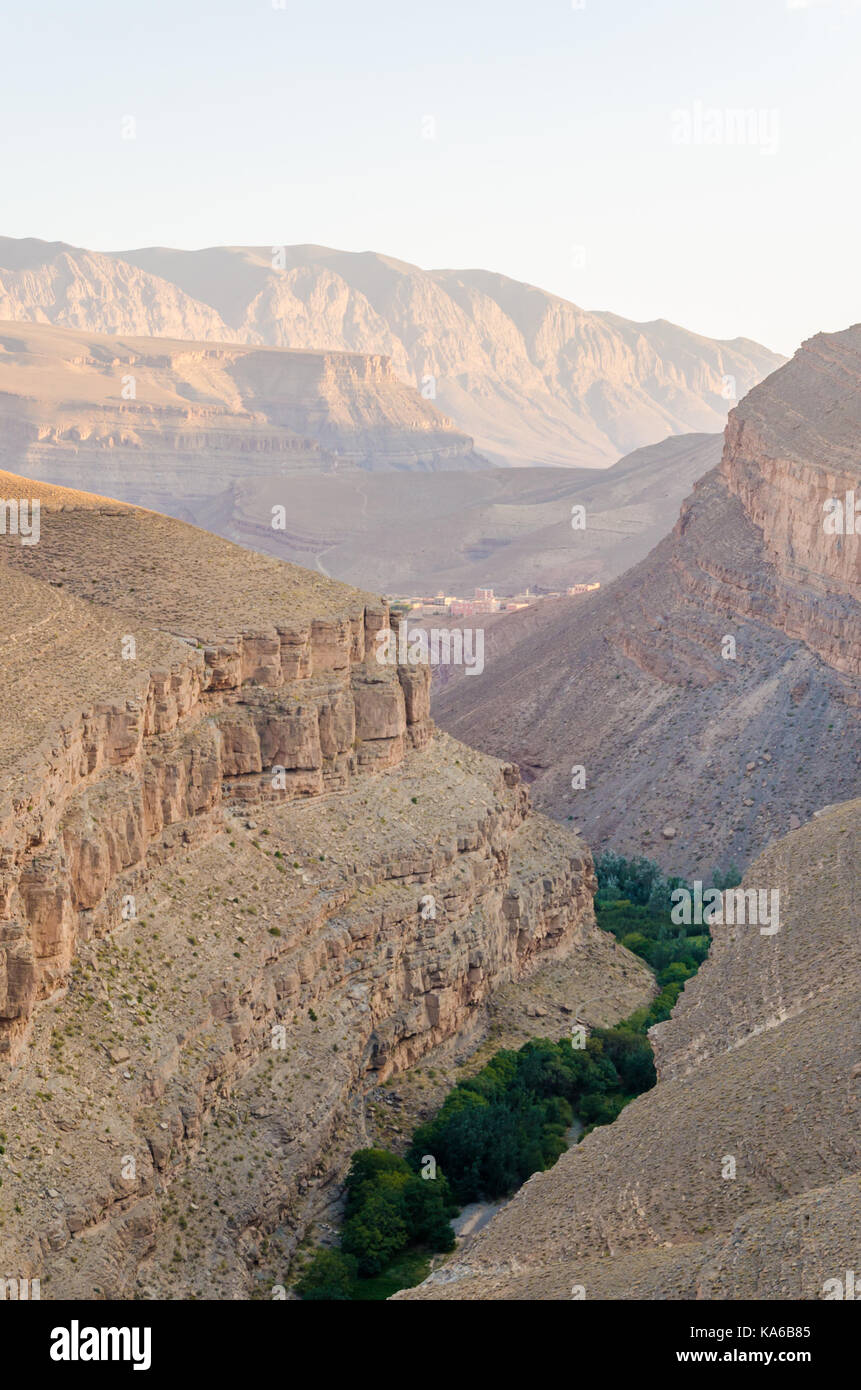 Scenic view over beautiful Dades Gorge during golden light at sunset in Morocco, North Africa. Stock Photo