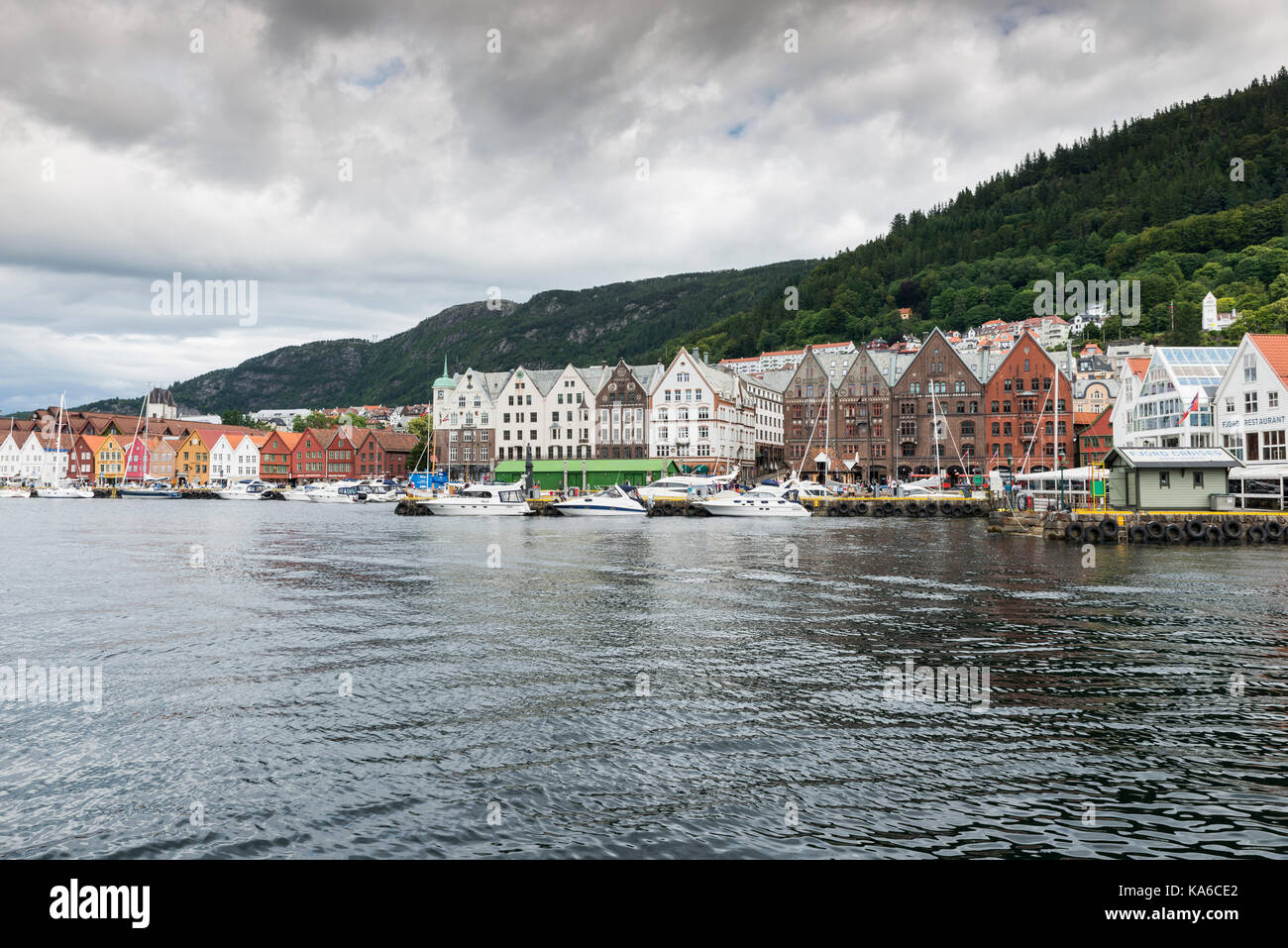 BERGEN,NORWAY,29-07-2017: the famous city of bergen with houses build upon the hills and tourists walking in the street for shopping and the fish mark Stock Photo