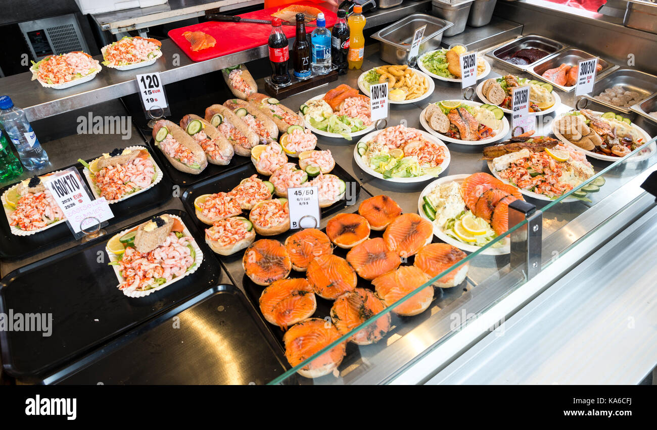 BEREGN,NORWAY 29-07-2017: Various seafood on the shelves of the fish market in  Bergen on 29-07-2017: Beregn  is famous of its biggest fish market in  Stock Photo